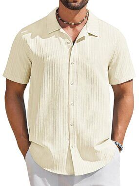 Men's Beige Short Sleeve Casual Button Down Textured Summer Beach Shirt